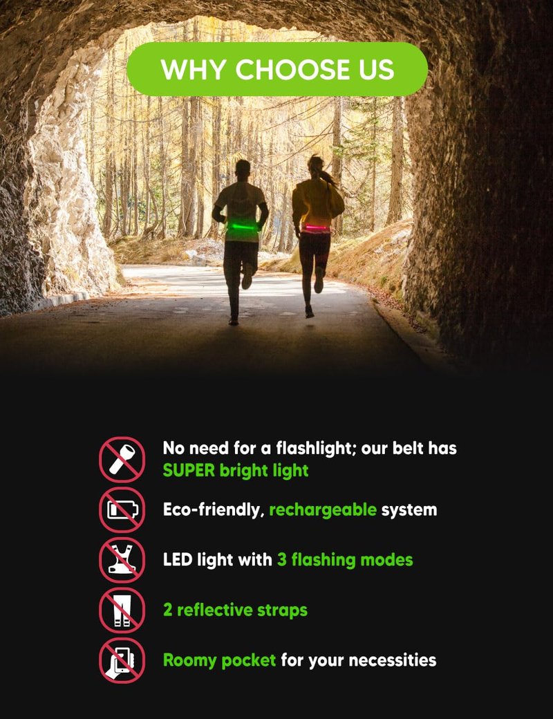 sport2people LED Reflective Running Belt Pouch with USB Rechargeable Light, Reflective Running Gear for Men, Women,Phone Holder for Runners,Visibility Running Safety Lights Belt for Safe Night Running