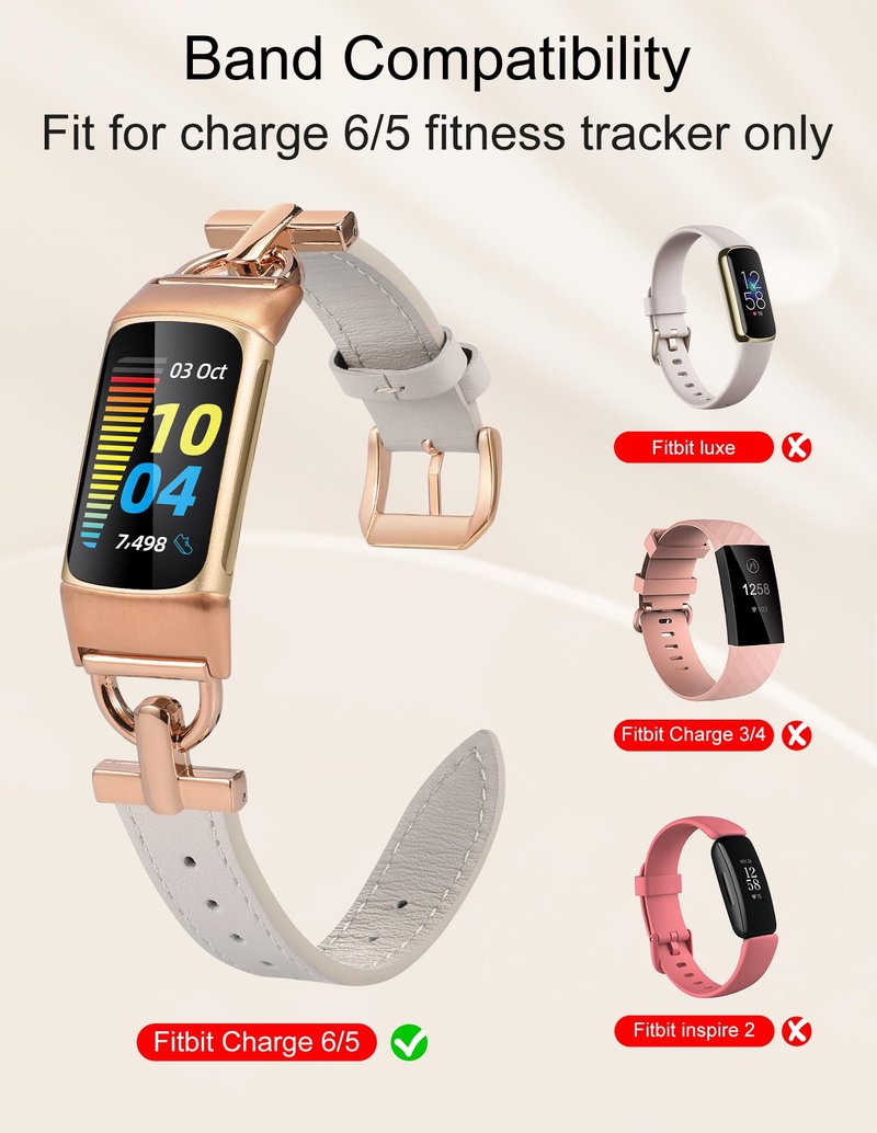 Wearlizer Leather Band Compatible with Fitbit Charge 6 Bands/Charge 5 Bands for Women, Dressy Slim Leather Strap Replacement Wristband with D-Shape Metal Buckle for Fitbit Charge 5/Charge 6 Band