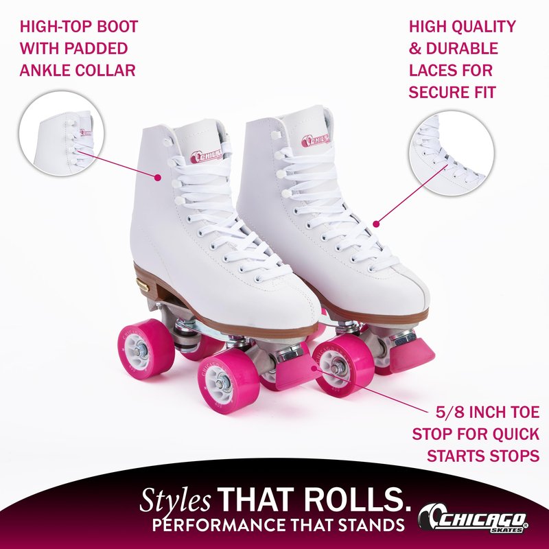 CHICAGO Skates Premium White Quad Roller Skates for Girls and Women Beginners Classic Adjustable High-Top Design for Indoor or Outdoor Skates and Roller Derby