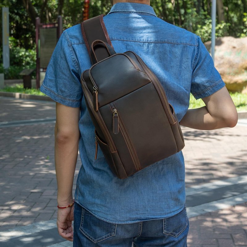 TIDING Genuine Leather Sling Bag Chest Pack for Men Casual Travel Shoulder Bag Sling Backpack fits 9.7" Tablet