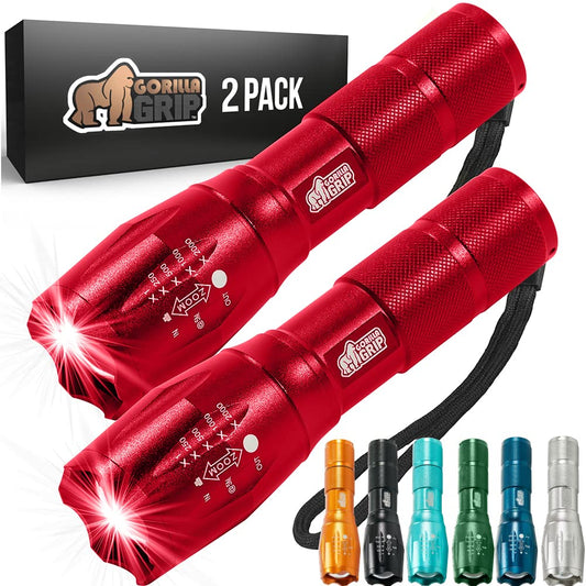 Gorilla Grip Powerful LED 750 FT Water Resistant 5 Adjustable Mode Tactical Flashlight, High Lumens Ultra Bright Battery Zoom Flashlights, Small Camping Car Mini Flash Light Accessories, 2 Pack Red