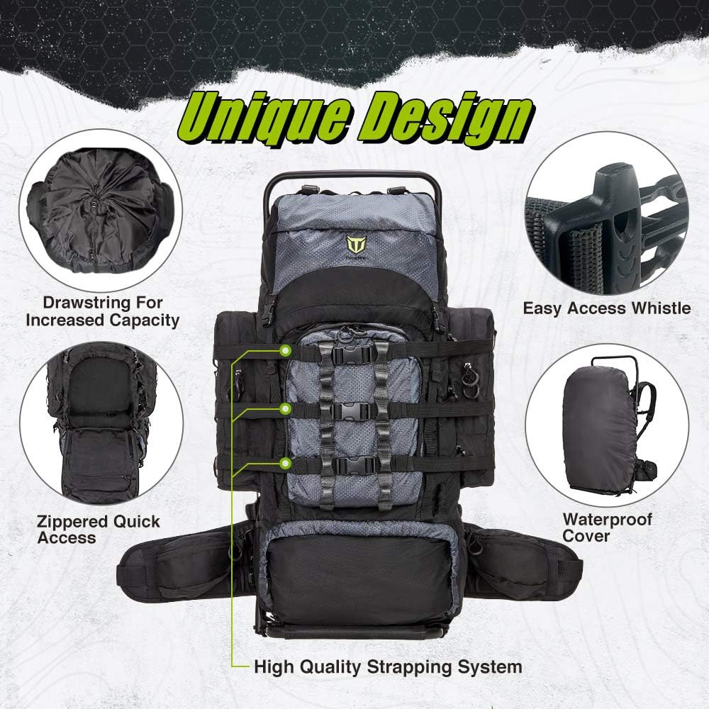 TIDEWE Hunting Backpack 5500cu with Frame and Rain Cover for Bow/Rifle/Pistol