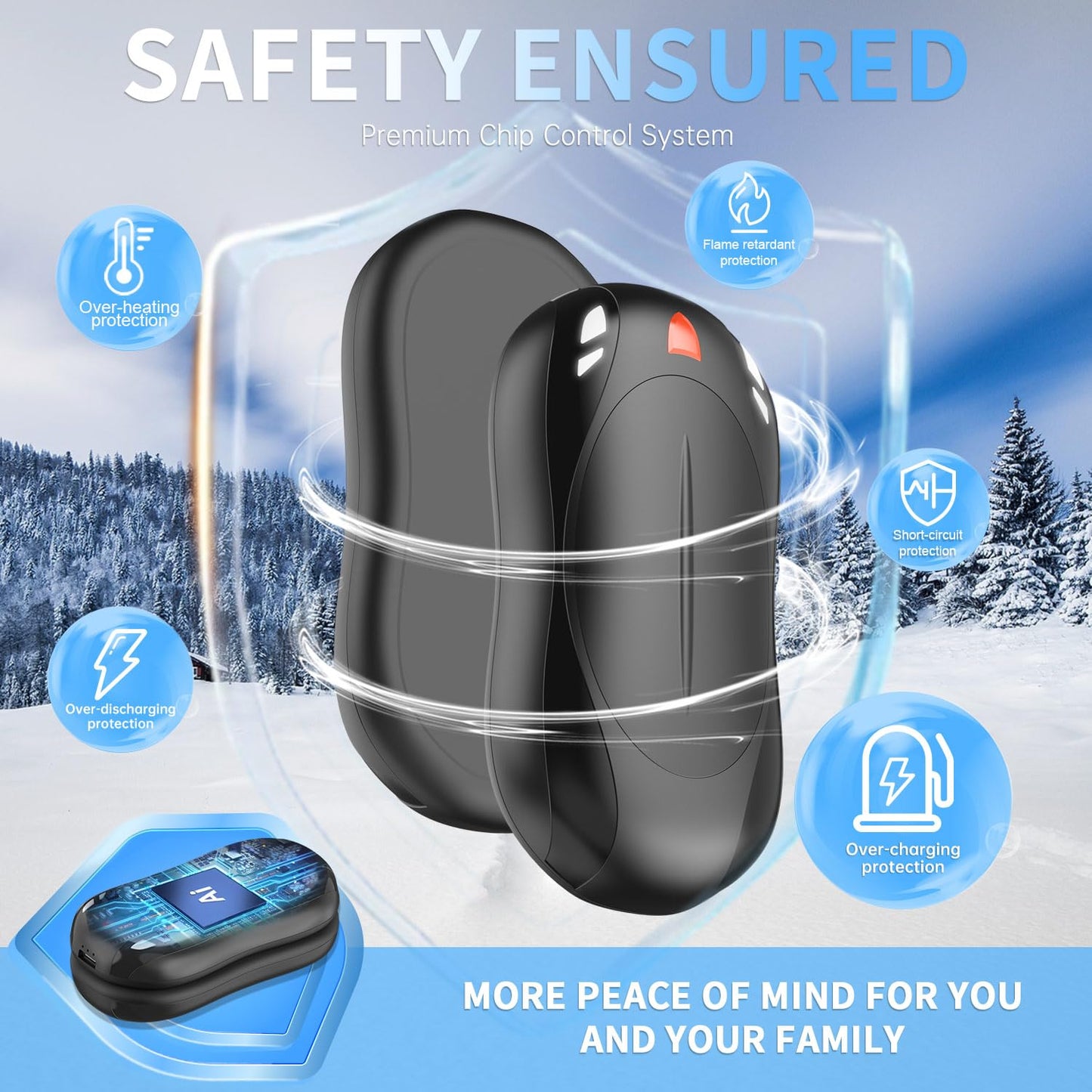 Cbroer 2 Pack Hand Warmers Rechargeable, 6000mAh AI Smart Chips Hand Warmers, Long Lasting Portable Heater for Christmas Xmas, Golf, Hunting Gear, Camping Accessories (Black, Normal)