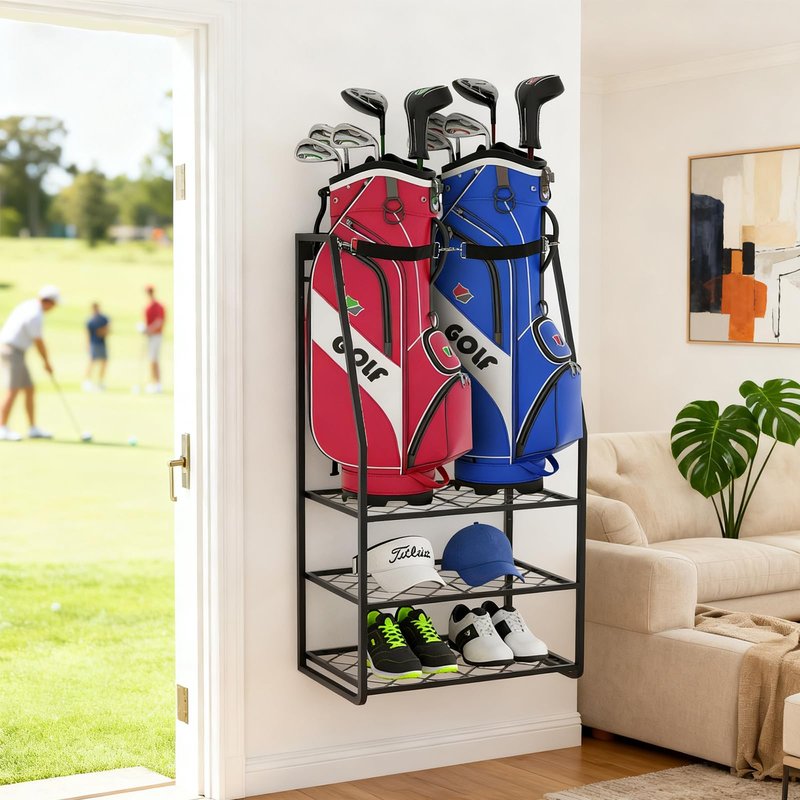 Wall Mount Golf Bag Organizer for Garage, Heavy Duty Golf Storage Rack Holds 2 Bags, Freestanding Golf Bag Stand and Accessories Holder for Home & Shed