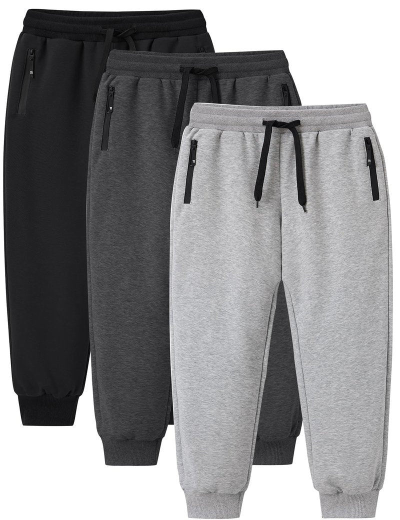 Gihuo 3 Pack Boys Sweatpants Athletic Workout Kids Joggers with Zipper Pocket Drawstring Active Casual Soft Jogging Sweat Pants (BlackLightGreyDarkGrey-S)
