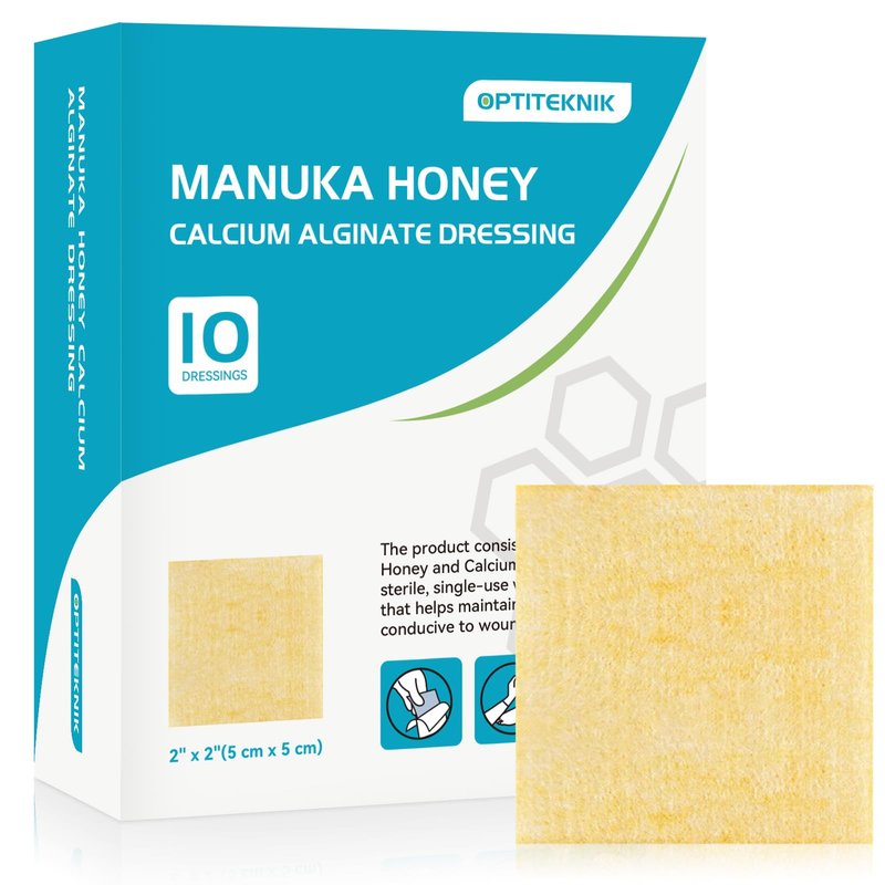OPTITEKNIK Manuka Honey Calcium Alginate Wound Dressing 2"x2" Pack of 10, Medical Grade Manuka Honey Wound Care Bandages High Absorbency Patches for Wounds