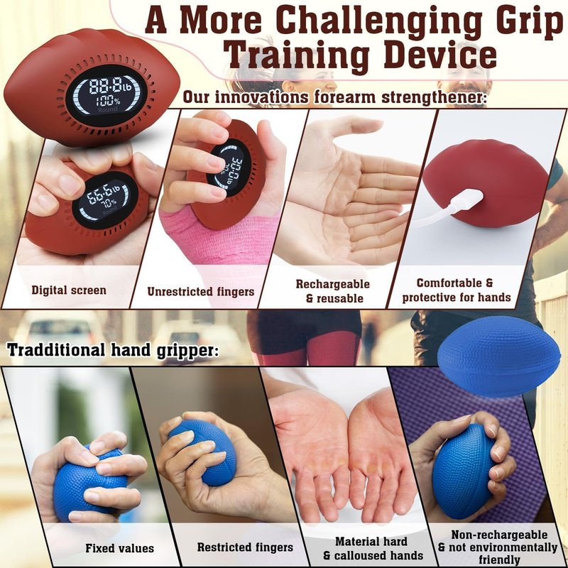 DIOTUSS Digital Stress Relief Grip Ball for Adults & Kids, Grip Strength Tester, Hand Strength Gripper up to 220lbs, Forearm Strengthener with Progress Bars & Cheer Sound, Fitness Gift (Brown)