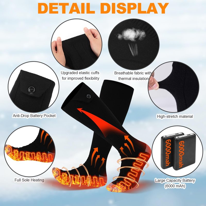 Heated Socks for Men Women, Foot Warmer with 5V 6000mAh Rechargeable Battery Powered, Up to 8 Hours,4 Levels Temperatures Setting,Thermal Heating Electric Socks,Foot Warmer