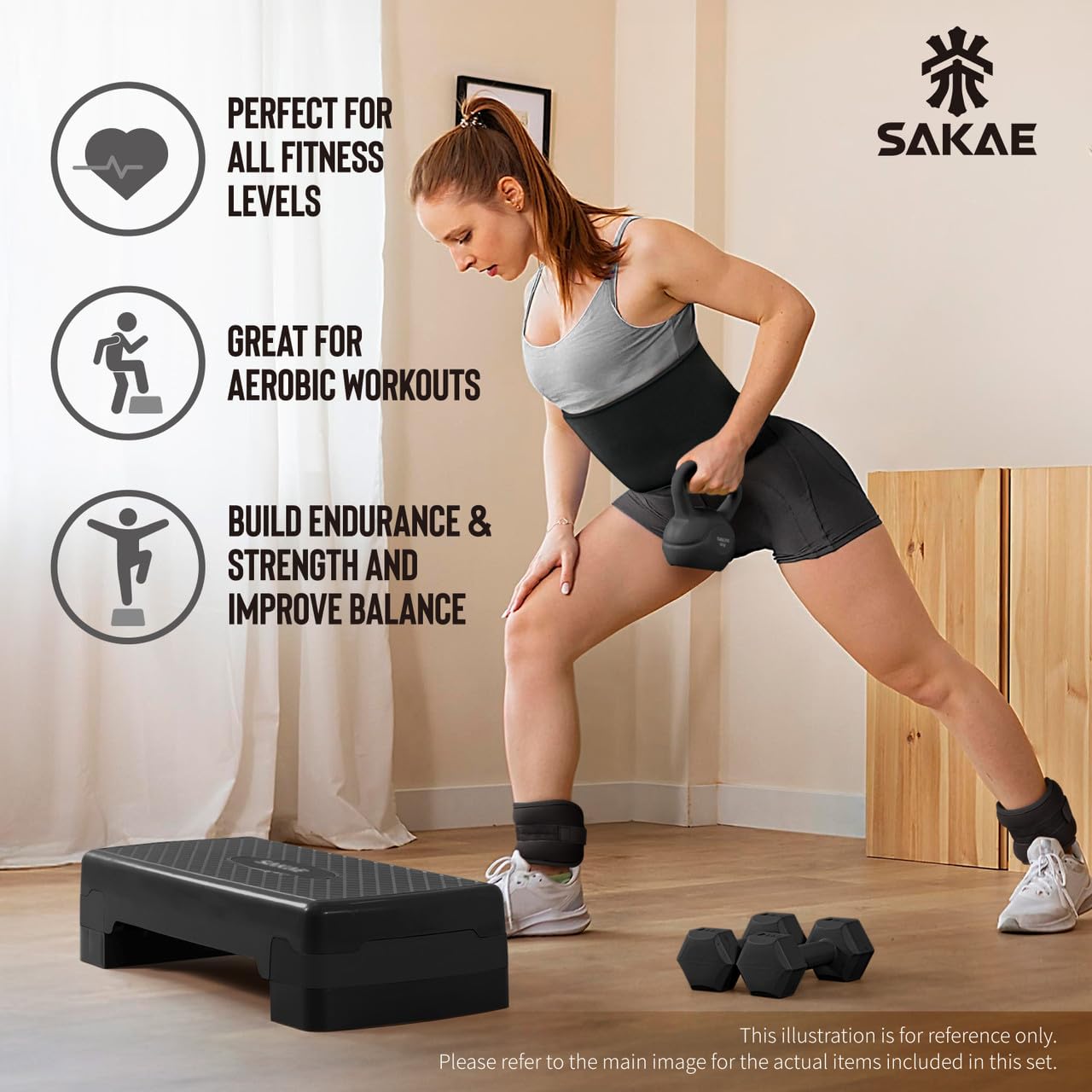 Black Exercise Step Platform Set with Kettlebell & Measuring Tape, Adjustable Height 2 Level Risers Workout Step Trainer, Aerobic Steppers for Home Gym Exercise Fitness Workout