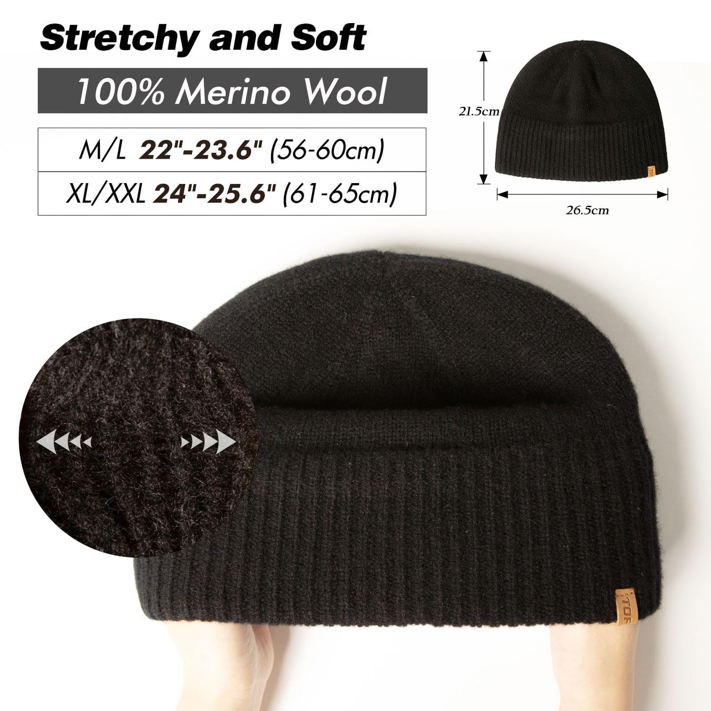 TOP-EX 100% Merino Wool Mens Winter Beanie Cold Weather Warm Lined Skull Stocking Cuff Watch Knit Cap Women Fisherman Hat Black Medium Large