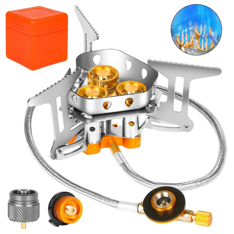 9900W Windproof Camping Gas Stove, Portable Camping Stove with Piezo Ignition, 1LB Propane Tank Adapter, Butane Adapter for Outdoor Cooking, Picnic, Camping and Hiking