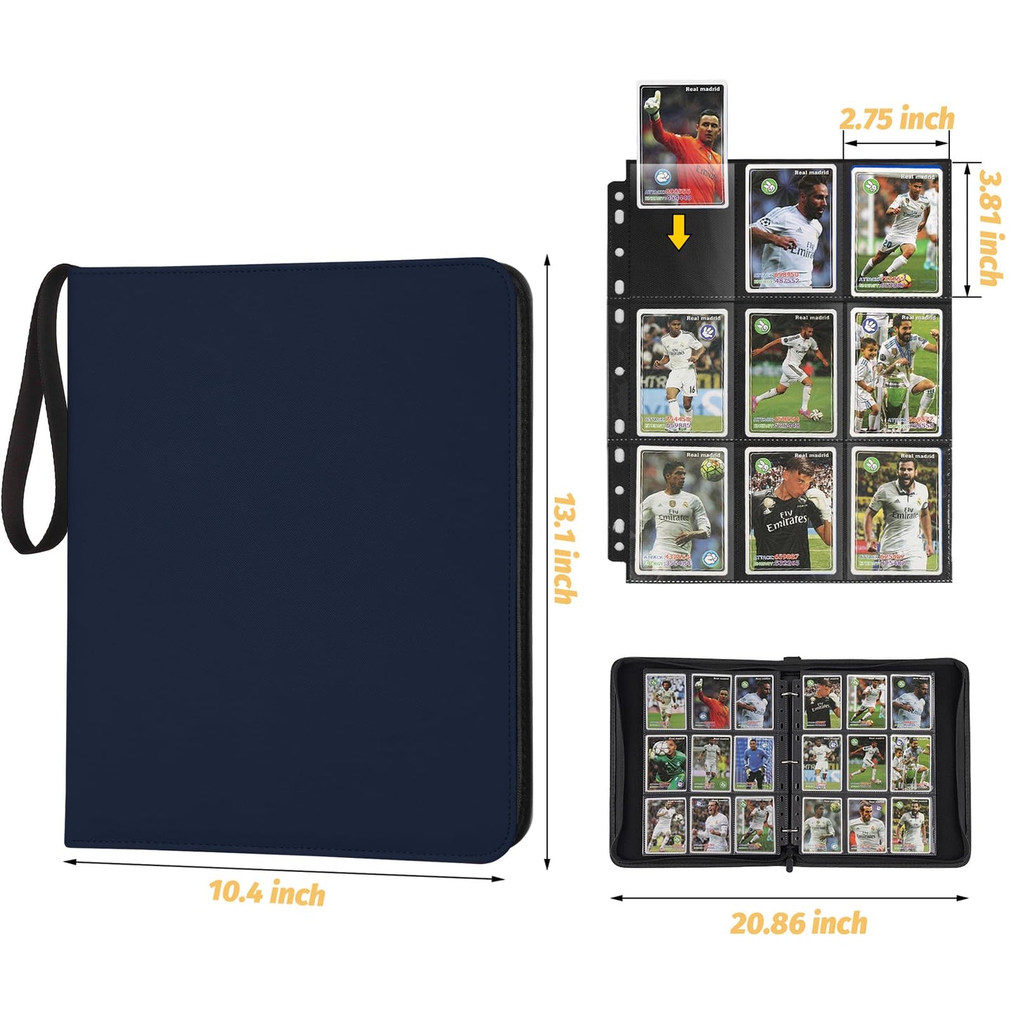 GERMUN 3 Ring 9 Pocket Zipper Card Binder, 720 Double Sided Standard PU Trading Card Album Folder for TCG & Sports Cards, Not Fit Top Loaders (Dimond Blue)