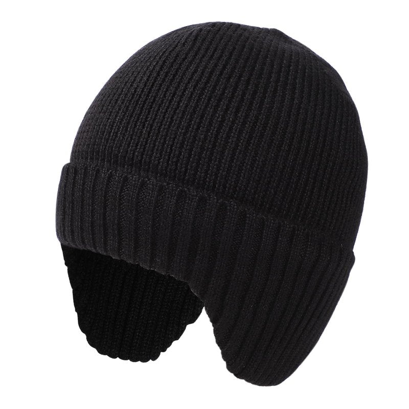 ZTL Unisex Merino Wool Beanie Hat with Ear Flaps Waterproof Windproof Warm Fleece Lined Winter Hat, Thermal Knitted Ski Cap for Women Men Black