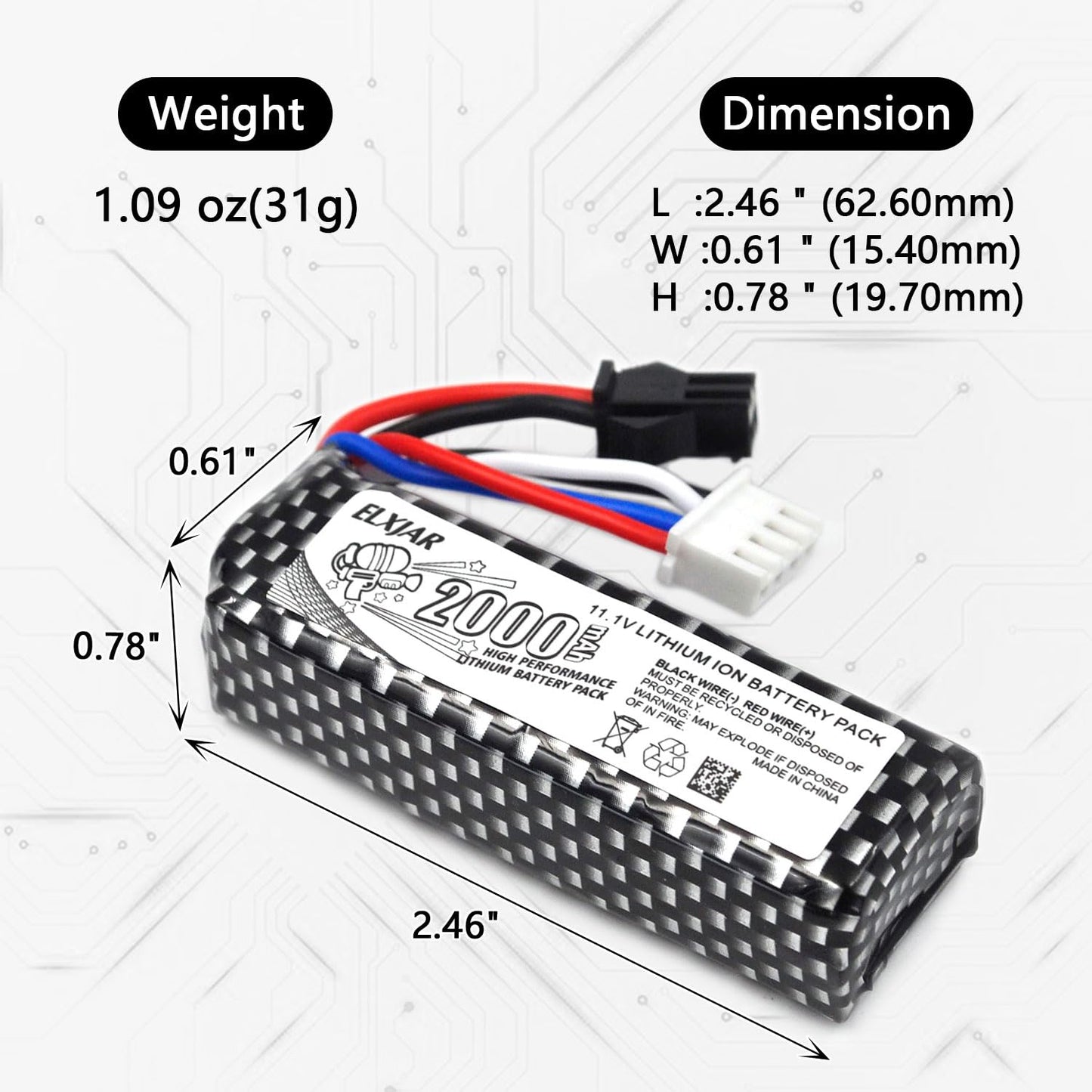 elxjarpower (4-Pack) 11.1V 2000mAh Li-Po Rechargeable Battery with SM2P Plug & USB Cable, Compatible with WPL RES V-3 ESC 1/16 RC Crawler, 501855 Soft-Gun & Water-Gun Toys