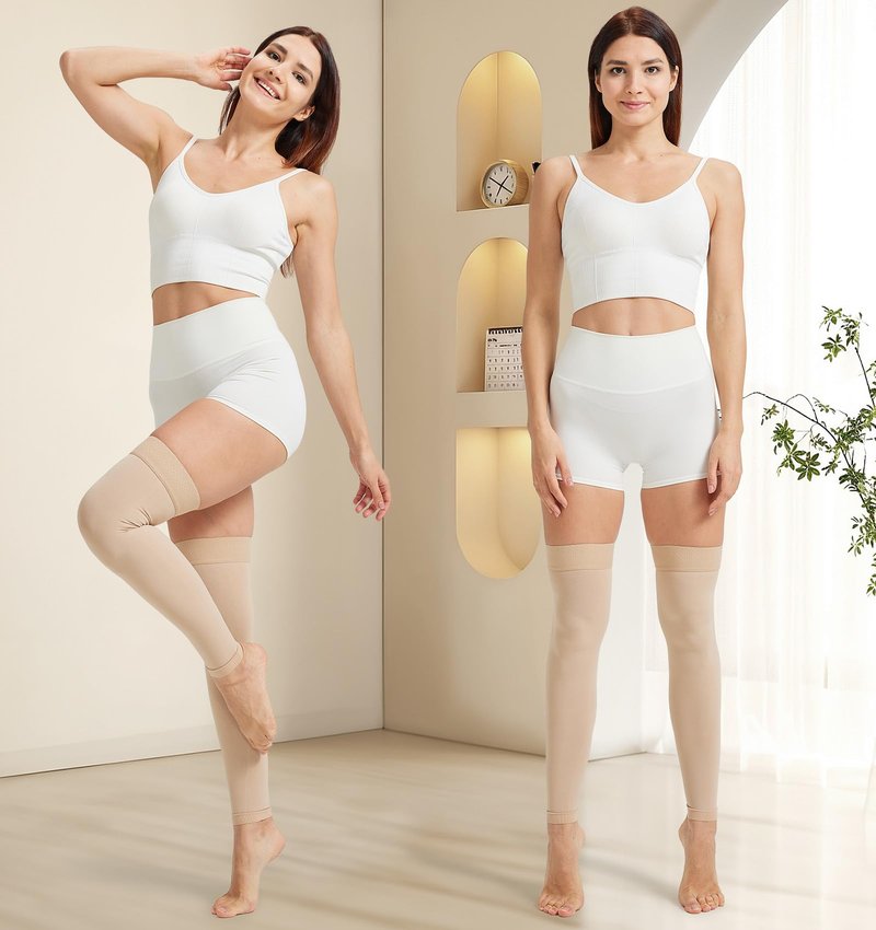 NURCOM 15-20 mmHg Compression Stockings for Women & Men, Footless Thigh High Compression Sleeves with Dot Silicone Band, Graduated Support Pressure Stockings-Ideal for Athletic, Medical, Travel Use