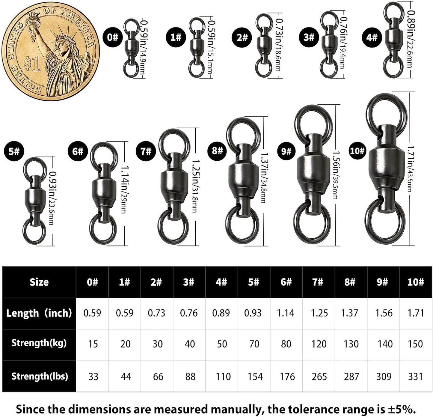 Ball Bearing Fishing Swivels - High Strength Stainless Steel Tackle | 30/50 Pack, Size 0#-10#