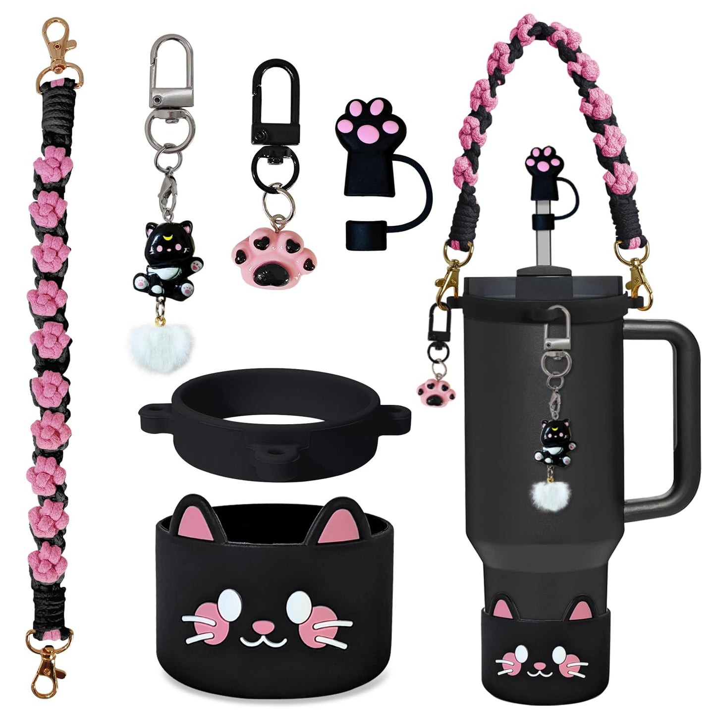 VirgoCCY 6PCS Cute Cat Stanley Cup Accessories Set for Stanley Cup 30oz 40oz, Includes Straw Topper, Siliocne Boot, Water Bottle Handle Strap, Cat Charms, Black