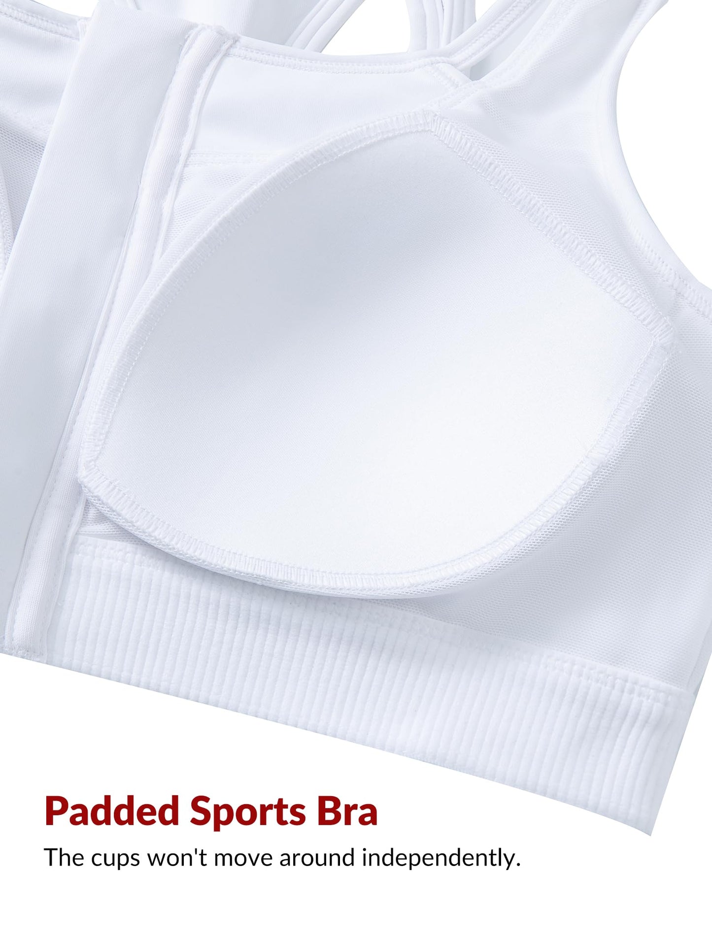 Yvette Zip Front High Impact Sports Bras for Women Lace Mesh Supportive Bras for Workout, White, M