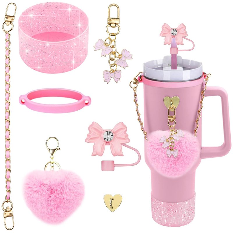 Stanley Cup Accessories for 40oz & 30oz Tumbler,include Bling Bowknot Straw Topper Cover Decoration, Heart Shape Pompom Ball,Leather Water Bottle Handle Strap,Shinning Stanley Cup Boot,Charms (Pink)