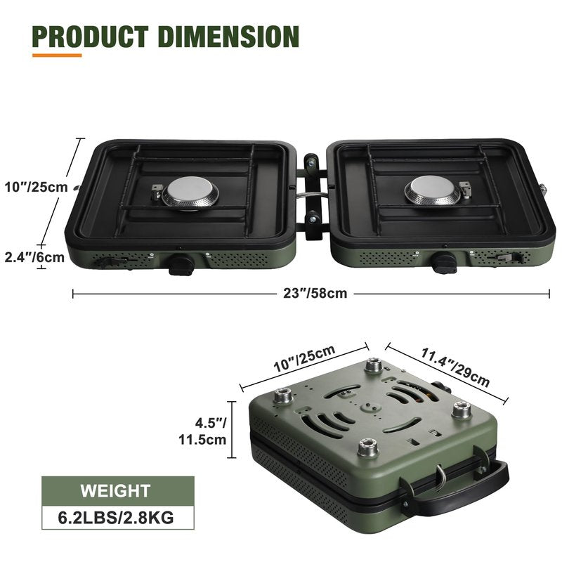ALBOMI 2 Burner Propane Camping Stove,Portable Folding Gas Stove for Camping with 17200 BTU,Two Adjustable Burners with Easy Carrying Handle&Inlet Gas Pipe,Outdoor Camp Stove for Camping Backpacking