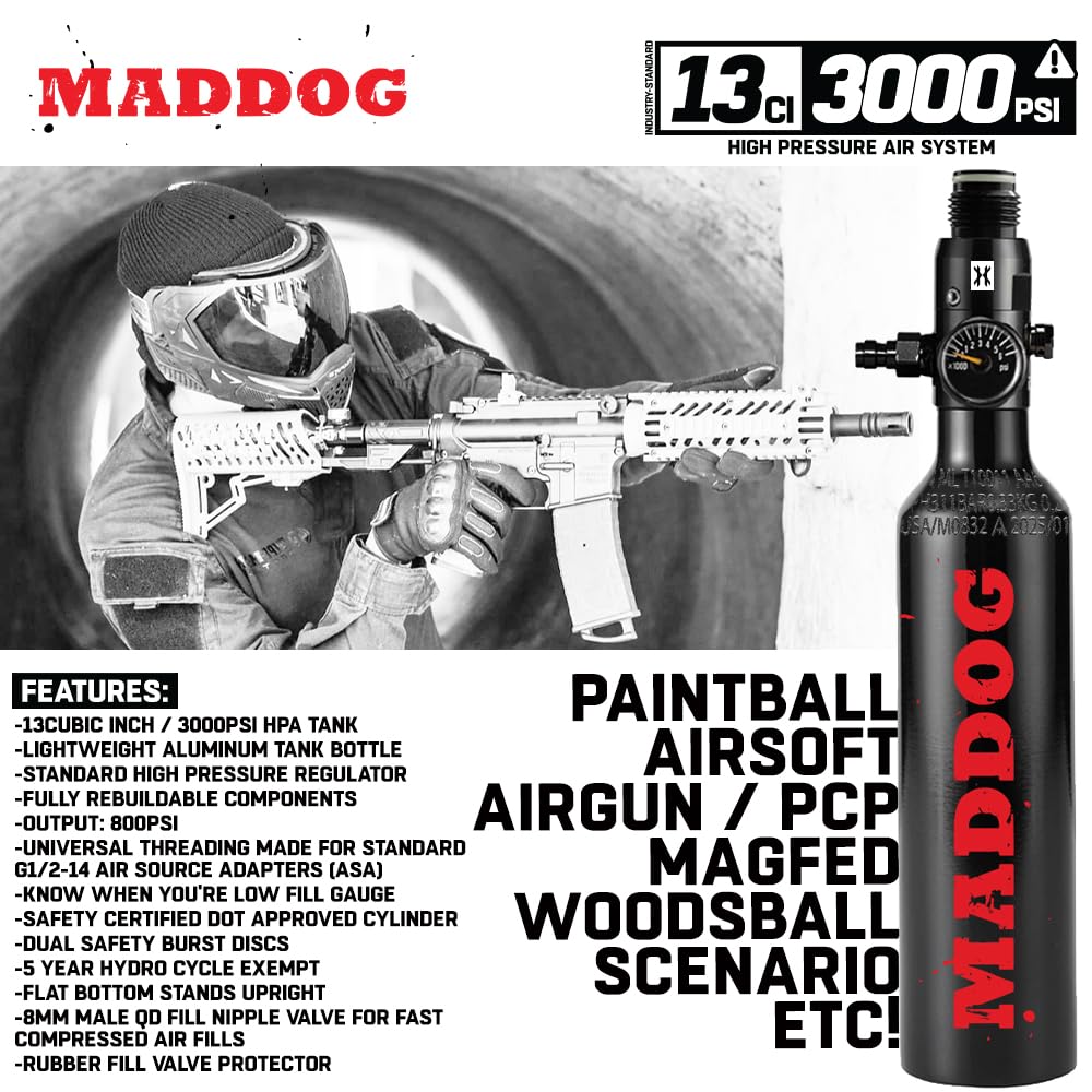Maddog 13ci/3000psi Aluminum Compressed Air HPA Paintball Tank with Regulator - Hydro Cycle Exempt - Refillable Tank Ships Empty - 3 Pack