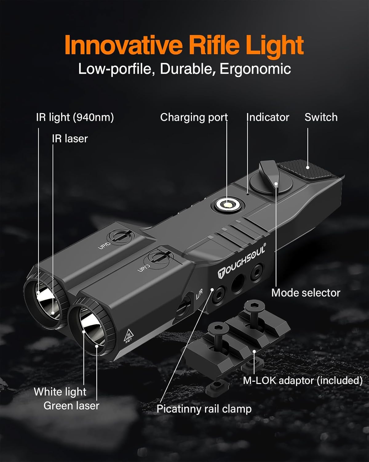 Tactical Flashlight with Green Laser | 940nm IR Illuminator & Rechargeable Low Profile Light for Rifles