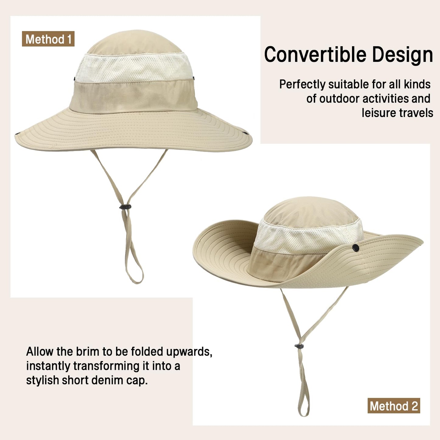 KUANG! Men Women Sun Hats Fishing Hat UPF 50+ Breathable Wide Brim Hiking Summer UV Protection Bucket Hats Beige