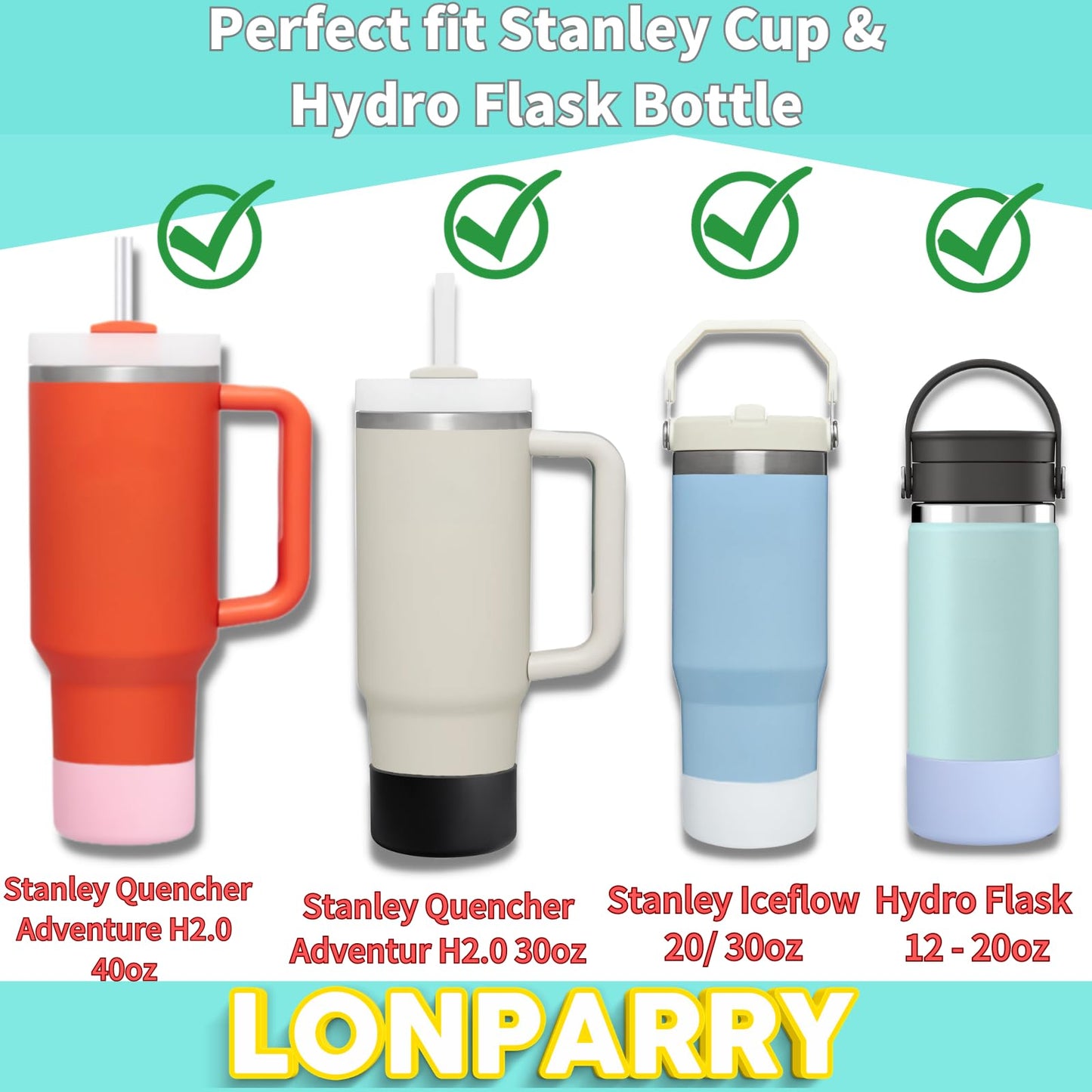 LONPARRY 4-Pack Boot for Tumbler 40 30 oz Bottom Sleeve Protector for Stanley Cup Quencher IceFlow Sleeve for Bottom Anti-Slip Sleeve (Clear+Black+Peach Blossom+Carnation