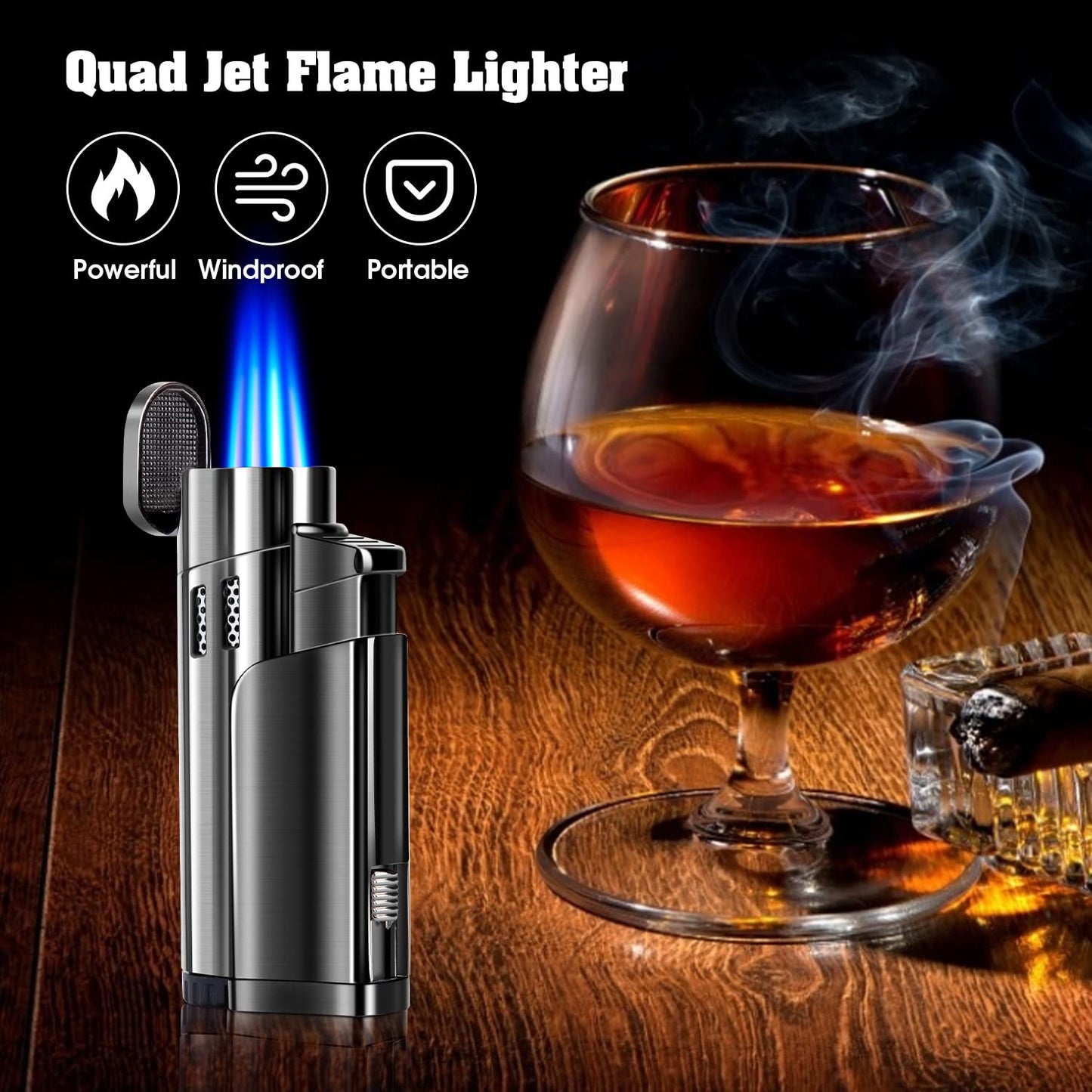 LcFun Torch Lighter Fuel Refillable Lighters 4 Jet Lighter with Punch Quad Flame Torch Cigar Lighter Gas Butane Lighters-Butane NOT Included (Black)