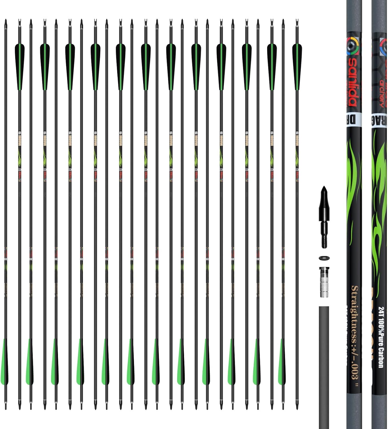 Sanlida 100% Pure Carbon Hunting Arrows - Olympic-Grade 10 Spine Deflection | 0.001" Straightness, 12/24 Pack