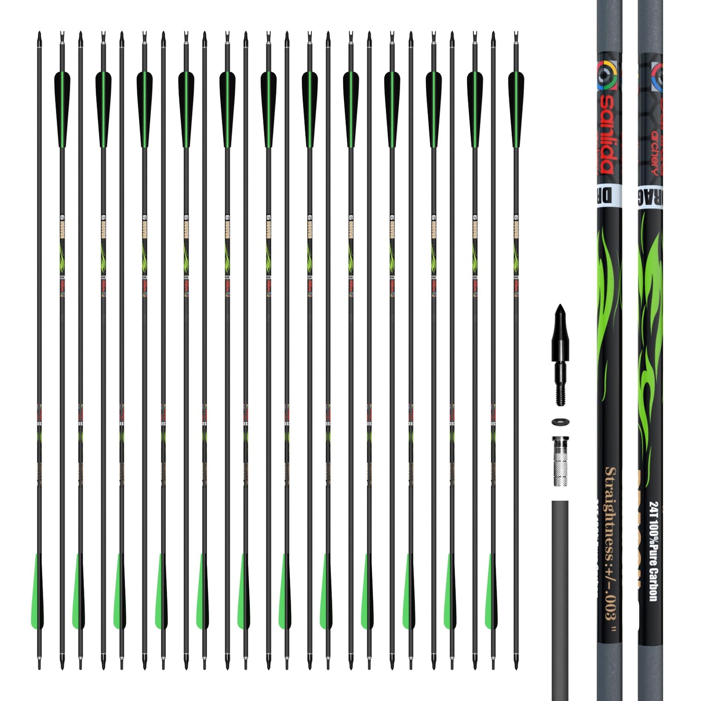 sanlida Dragon 9 24 Pack 100% Pure Carbon Hunting Arrows, 32" Arrows for Compound Bow, Olympic-Grade 10-Spine Precision, ±0.003" Straightness, 0.244" ID, 3" Vanes (340 Spine)