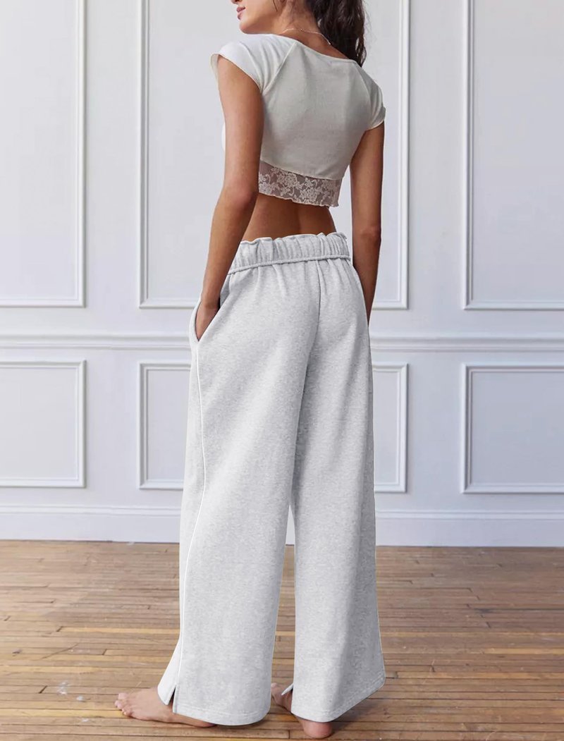 IWD Wide Leg Sweatpants for Women High Waisted Baggy Lounge Pants Interior Drawstring Sweat Pants with Pockets Light Floral Gray X-Large