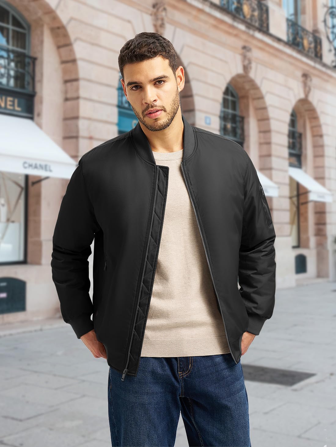 Gopune Men's Bomber Jacket Casual Fall Winter Warm Jacket Full Zip Padded Coats Outwear Black,L