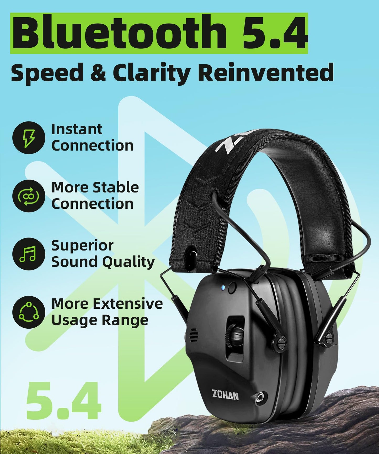 ZOHAN 035 Bluetooth 5.4 Shooting Ear Protection Earmuff, Active Noise Canceling, Hearing Protection with Sound Amplification