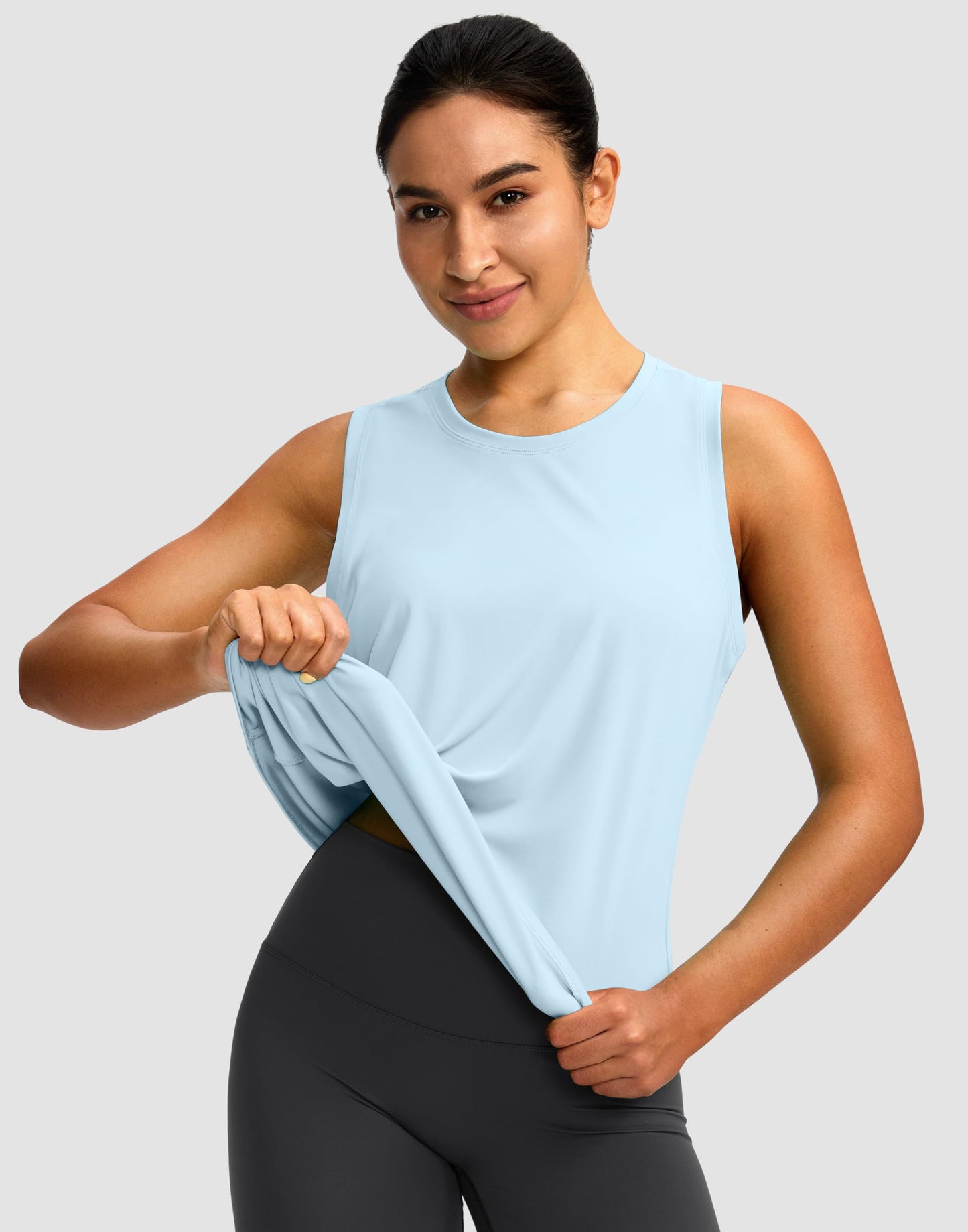 Women's Workout Tops Racerback Athletic Tank Tops Sleeveless Loose Fit Yoga Running Gym Shirts for Women(Blue Linen,L)