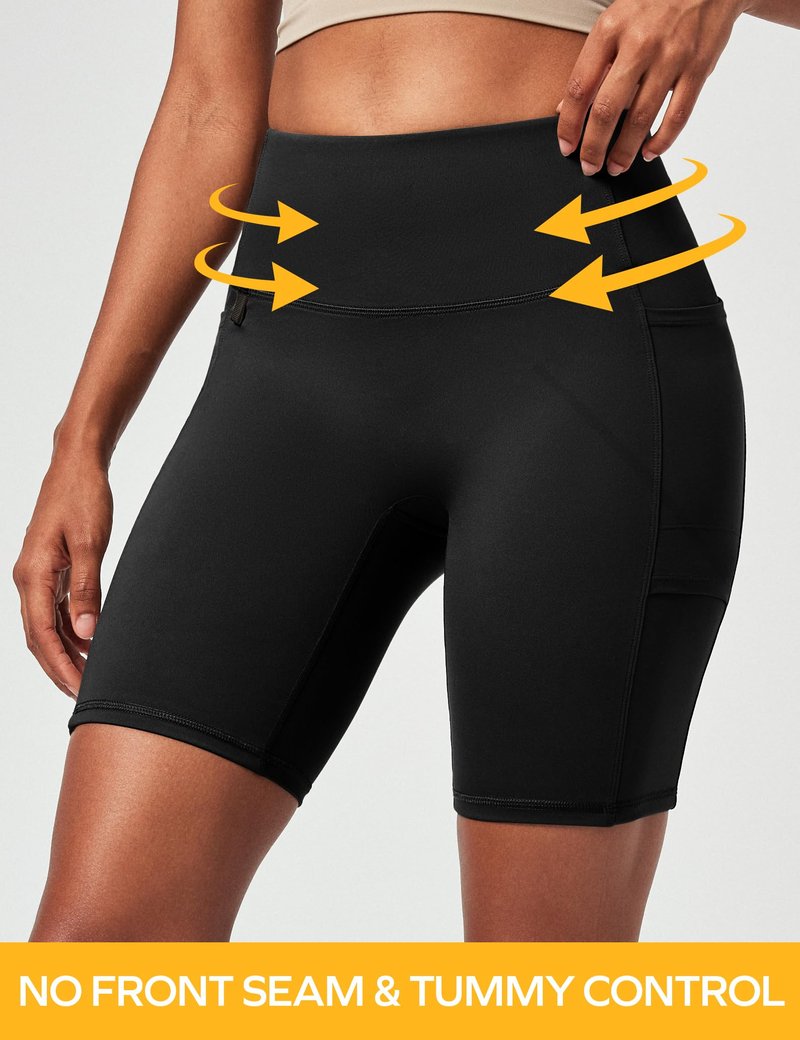 Ewedoos Biker Shorts Women Tummy Control with 4 Pockets No Front Seam Hiking Workout Spandex Shorts High Waisted UPF50+ Black