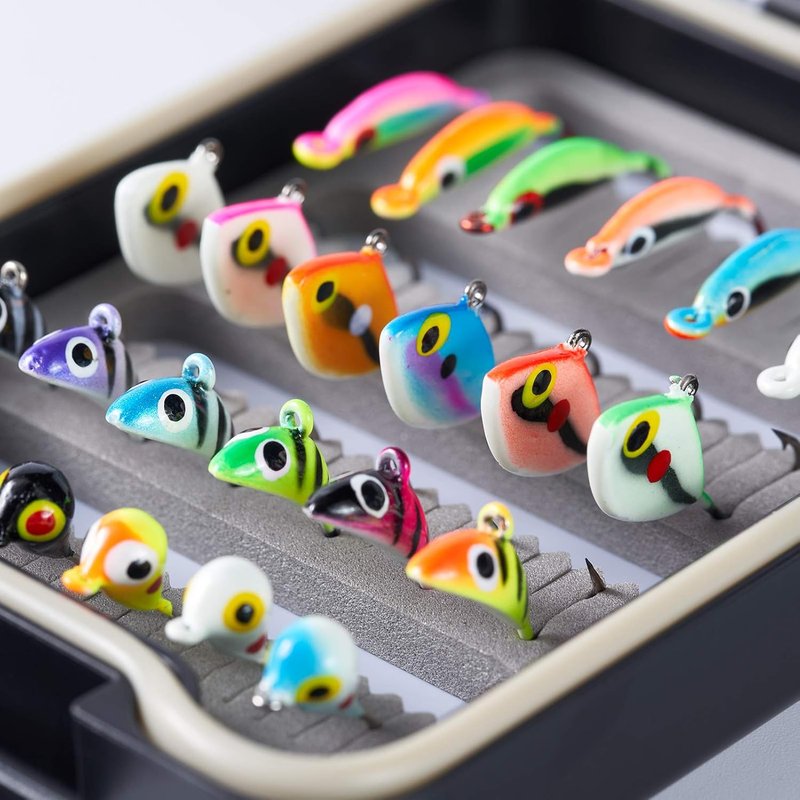 BASSDASH Ice Fishing Lure Kit - Glowing Paint Jigs for Crappie, Sunfish, Perch & Walleye | Includes Tackle Box
