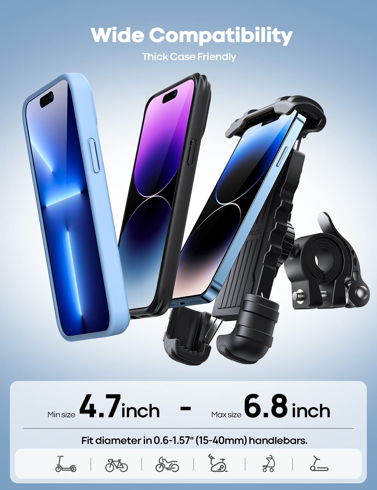 Lamicall Bike Phone Holder, Motorcycle Mount - Motorcycle Phone Holder, Handlebar Cell Phone Clamp, E-Bike Scooter Phone Clip for iPhone 17 Air Pro Max, 16 15 Plus, S20, 4.7 to 6.8" Smartphones