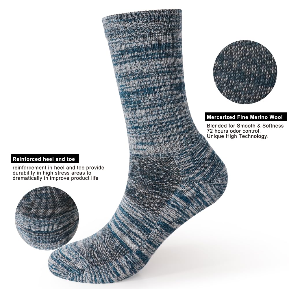 EnerWear 4 Pack Women's Merino Wool Outdoor Hiking Trail Crew Sock (US, Numeric, 9, 11, Regular, Regular, Blue/White Stripe/Multi)