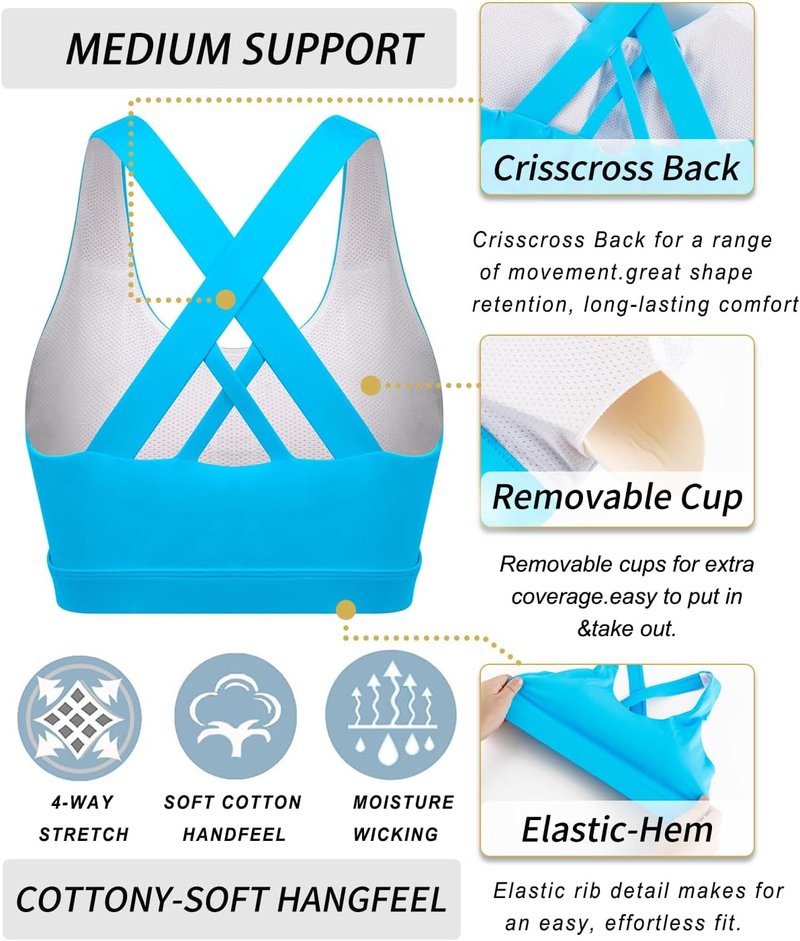 Sports Bras for Women - Padded Strappy Criss-Cross Back Medium Support with Removable Cups | Comfortable Fit