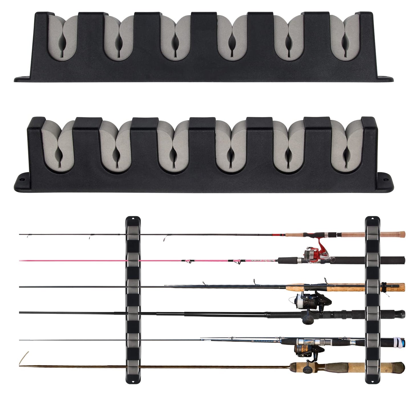 Windspeed 6-Rod Rack Wall Mounted Fishing Rod Rack For Boat, 2 Pcs Horizontal Fishing Rod Holder For Garage Door(Grey)