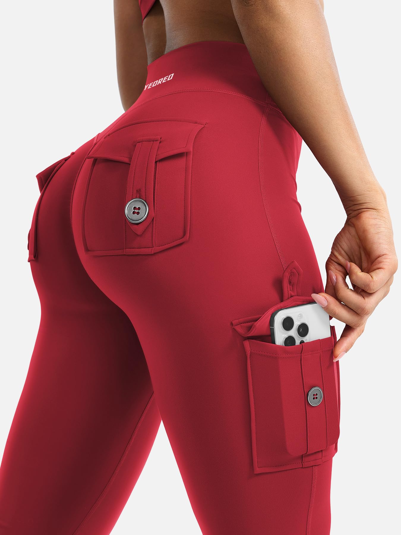YEOREO CoreFlex Women Workout Flare Leggings with Pockets Hidden Scrunch High Waisted Cargo Gym Yoga No Front Seam Leggings 30" Inseam Red S