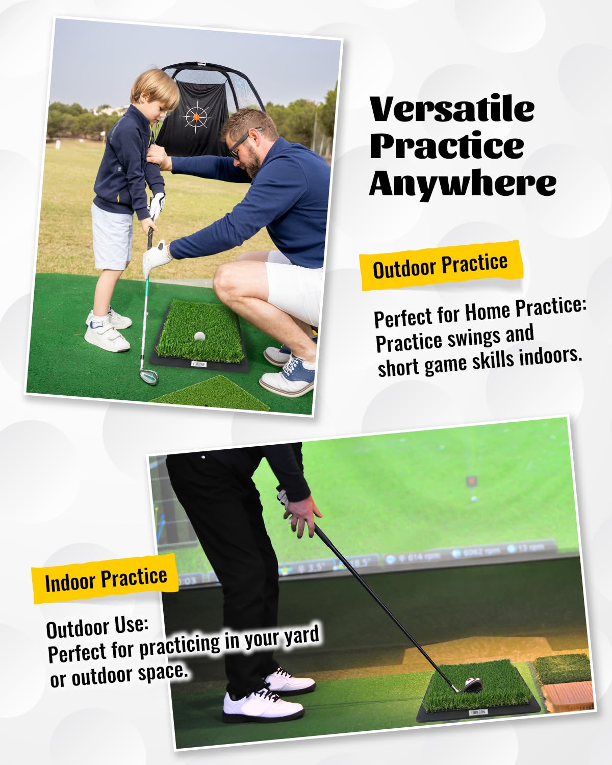 FODESAN Golf Hitting Mat – Golf Gifts Dual Turf Swing Trainer Practice Mat with Replaceable Surfaces & Tees – Indoor/Outdoor, Golf Net & Simulator-Compatible Training Mat for Winter Practice