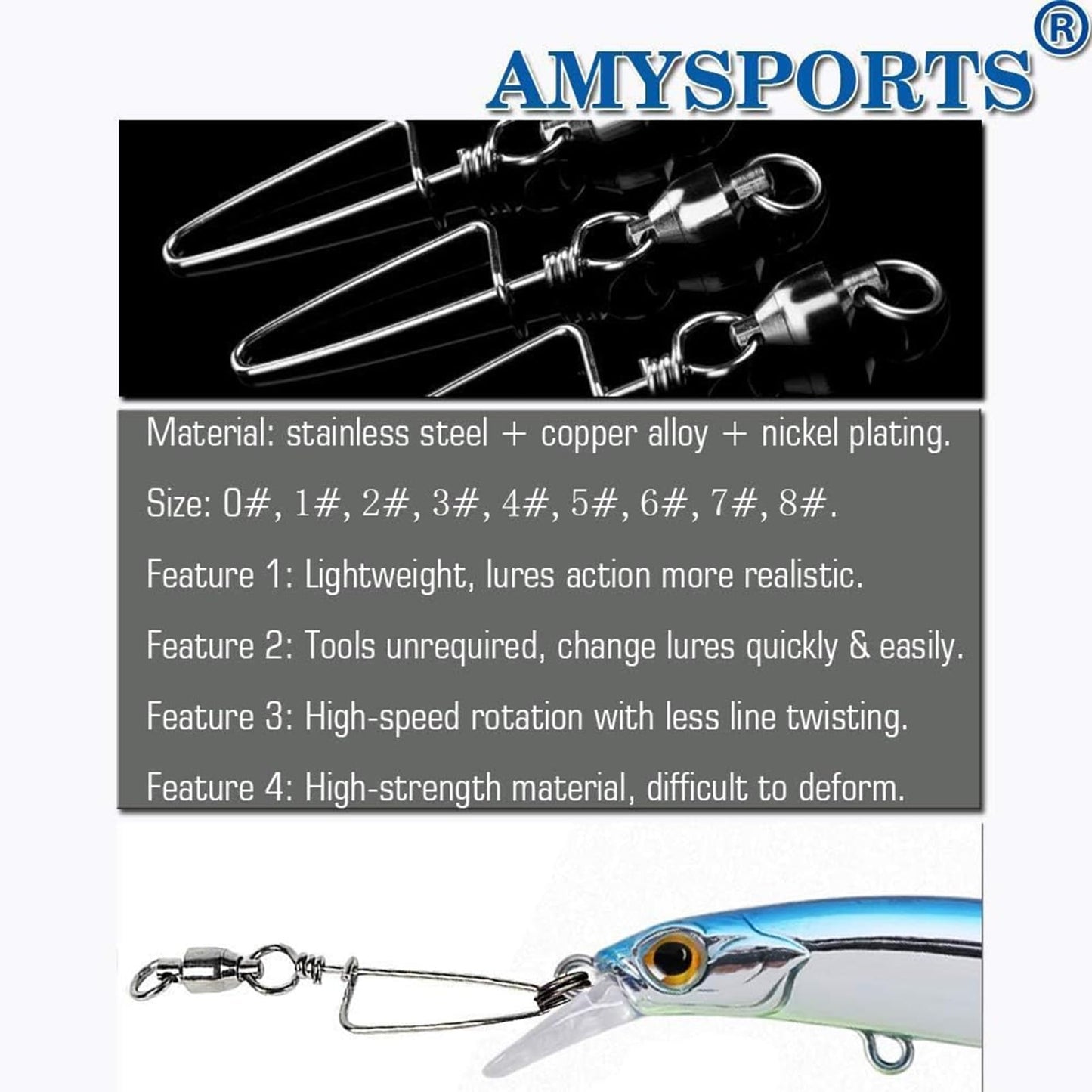 AMYSPORTS High Strength Ball Bearing Swivels - Stainless Saltwater Corrosion Resistance Barrel Swivel for Freshwater Fishing - 50pcs 180lbs