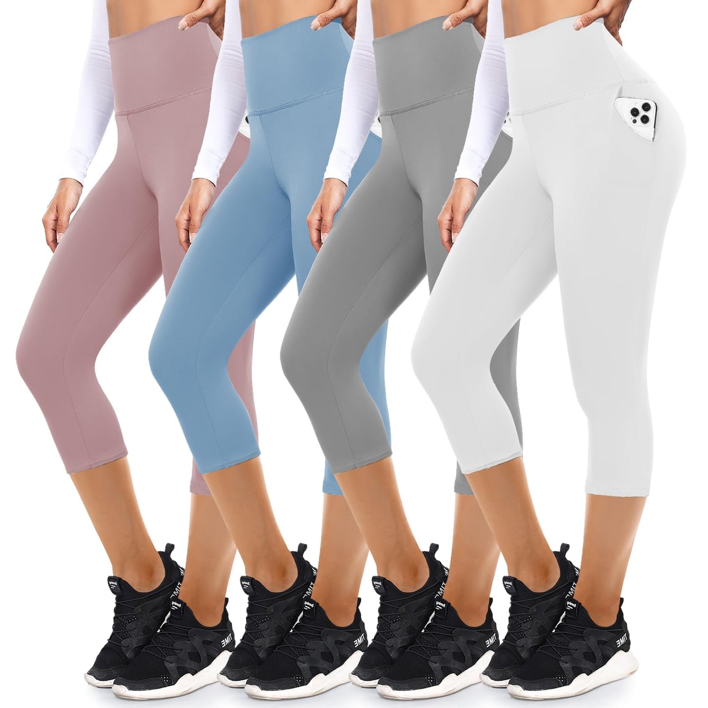 FULLSOFT 4 Pack Capri Leggings with Pockets for Women,Soft High Waisted Tummy Control Workout Yoga Pants(4 Pack Capri Rosy+Blue+Light Grey+White,Small-Medium)