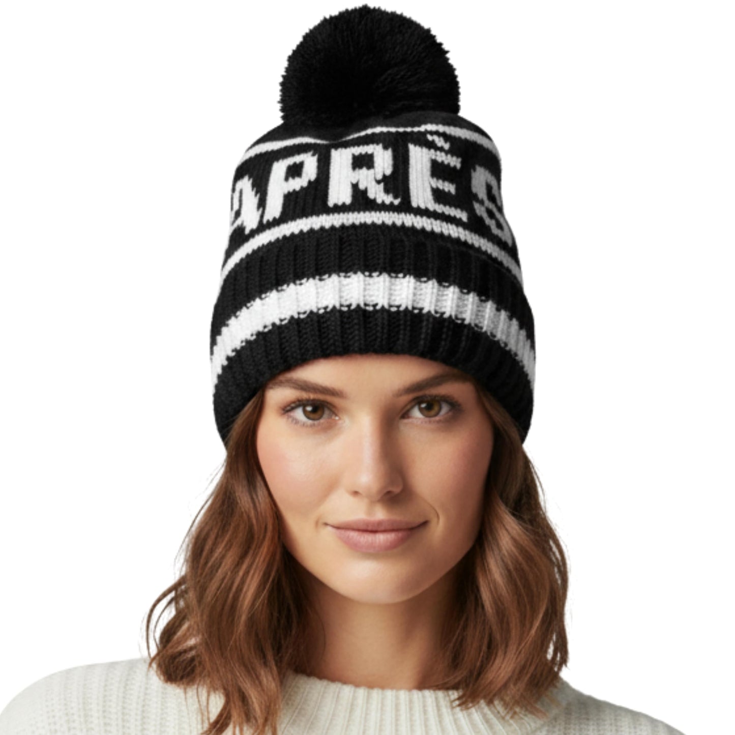 Funky Junque Après Ski Pom Pom Beanie for Women – Oversized Knit Winter Hat, Warm Cozy Womens Hats for Ski Trips & Snow Days - Black (White Lettering)