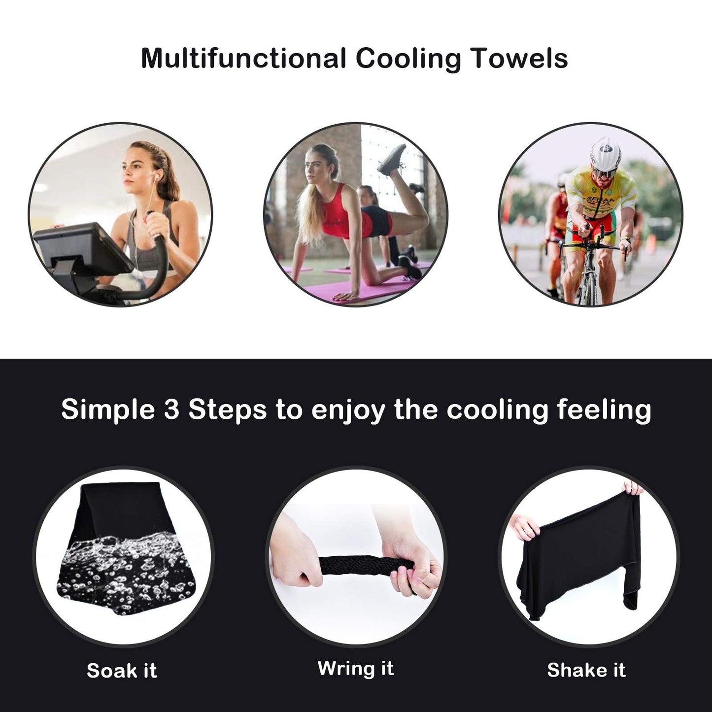 TowelTouch 4 Packs Cooling Towel (40"x 12"), Ice Towel, Microfiber Towel, Soft Breathable Cool Towel Stay Cool for Golf, Yoga, Sport, Gym, Workout, Camping, Fitness, Running,Workout (Black)