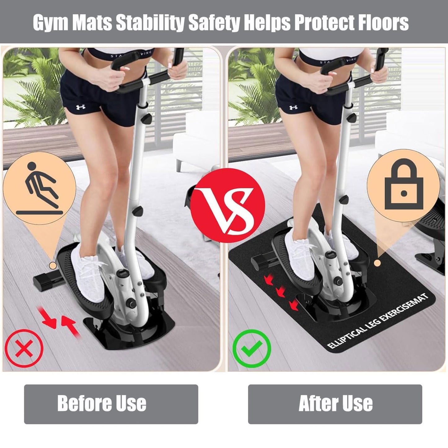 Double-Sided Non-Slip Workout Mat for Ellipse Machine Leg Exerciser Thick Exercise Mat for Under Desk Elliptical Treadmill Mat Home Floor Protection Gym Mat (Double non-slip, 23.6"L x 17"W x 0.2"Th)