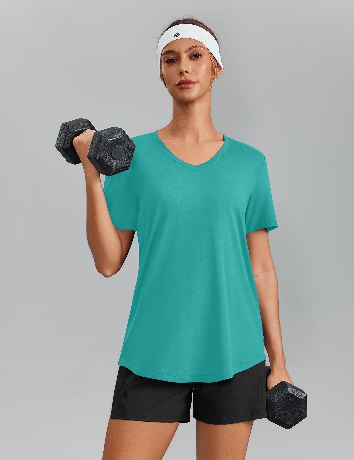PINSPARK Moisture Wicking Shirts for Women Short Sleeve V Neck Quick Dry Workout Tops Athletic Gym Running T-Shirts Cooling,Teal Medium