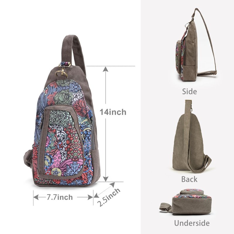 Black Butterfly Bohemian Floral Canvas Sling Bag for Women Men, Lightweight Crossbody Chest Bag for Travel Hiking, Adjustable Shoulder Strap Daypack with Multiple Pockets (Grey)